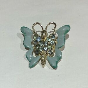 Vintage Elegant Butterfly Brooch with Green Blue Enamel and Gold Tone Accents